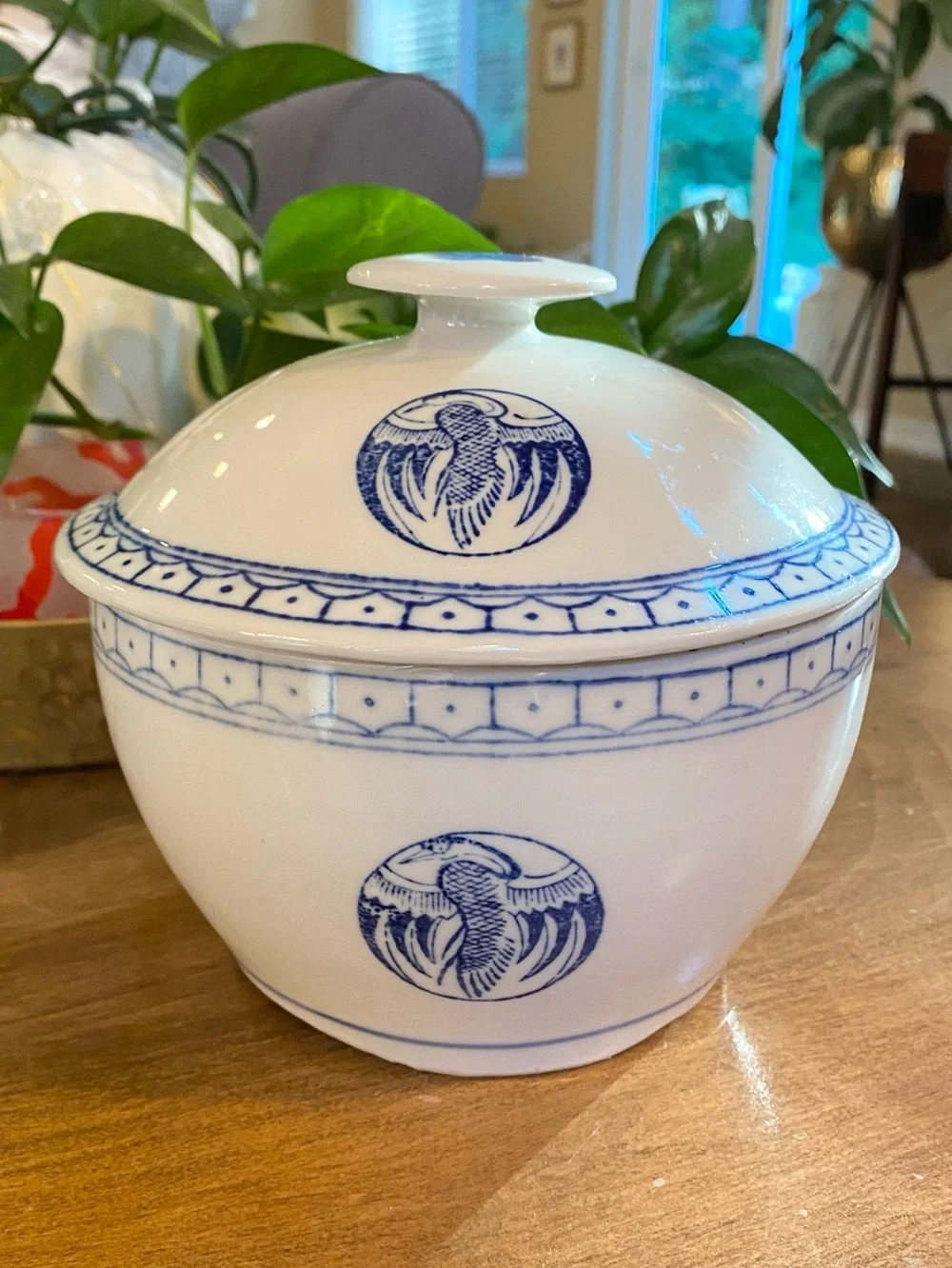VTG 50s Chinese Crane Rice Serving Dish Bowl w Lid Blue White Ceramic 6.5”